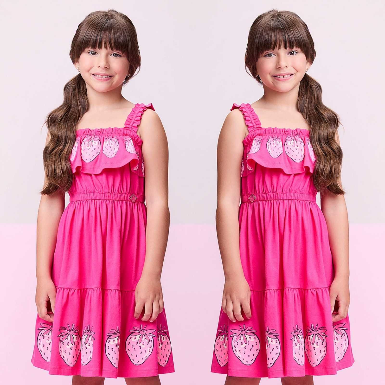 Vestido Infantil Momi Pink Morangos Alcinha e Babados