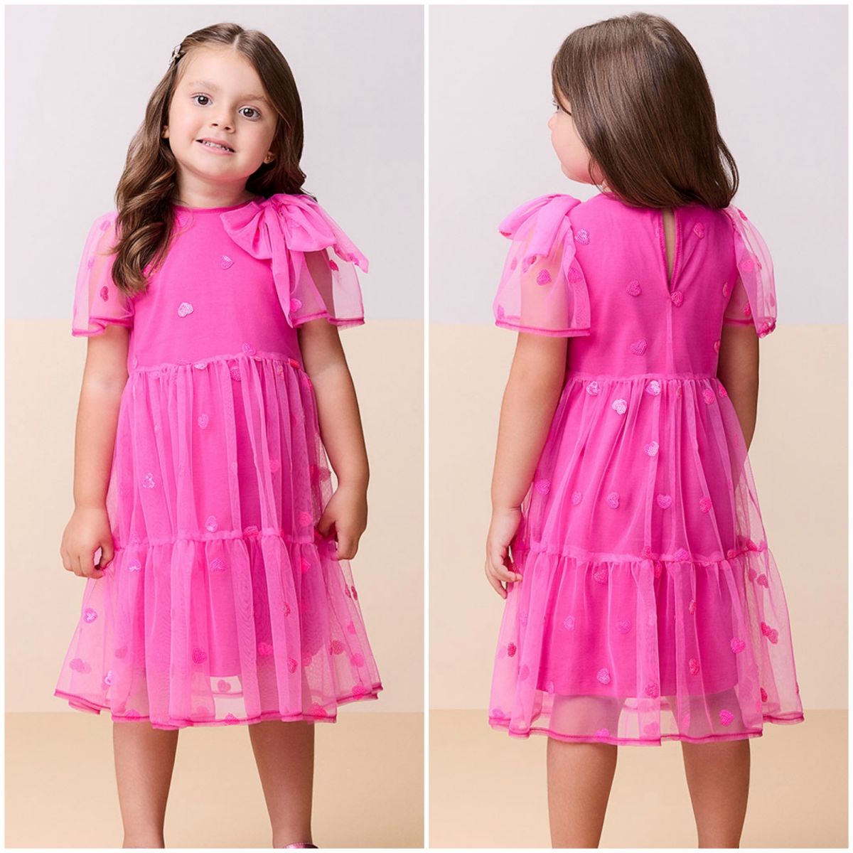 Vestido Infantil Momi Pink Tule Apliques de Coração em Paetês