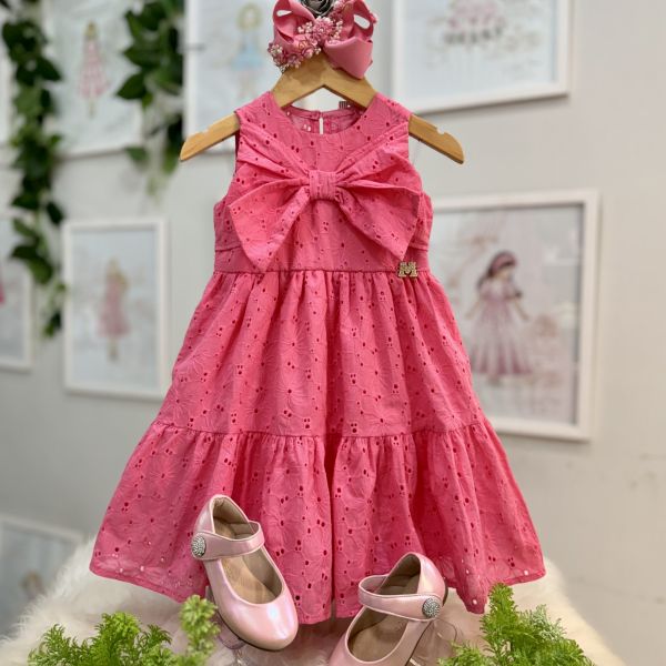 Vestido Infantil Momi Rosa Chiclete de Laise com Laço