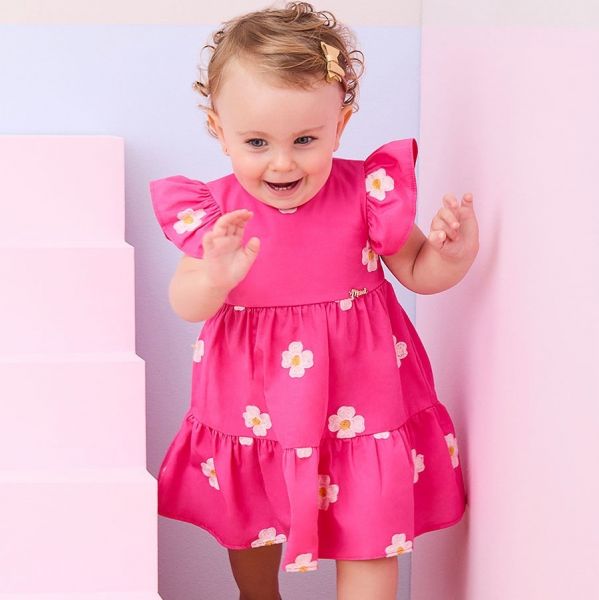 Vestido Infantil Momi Rosa Neon Bordado Flores