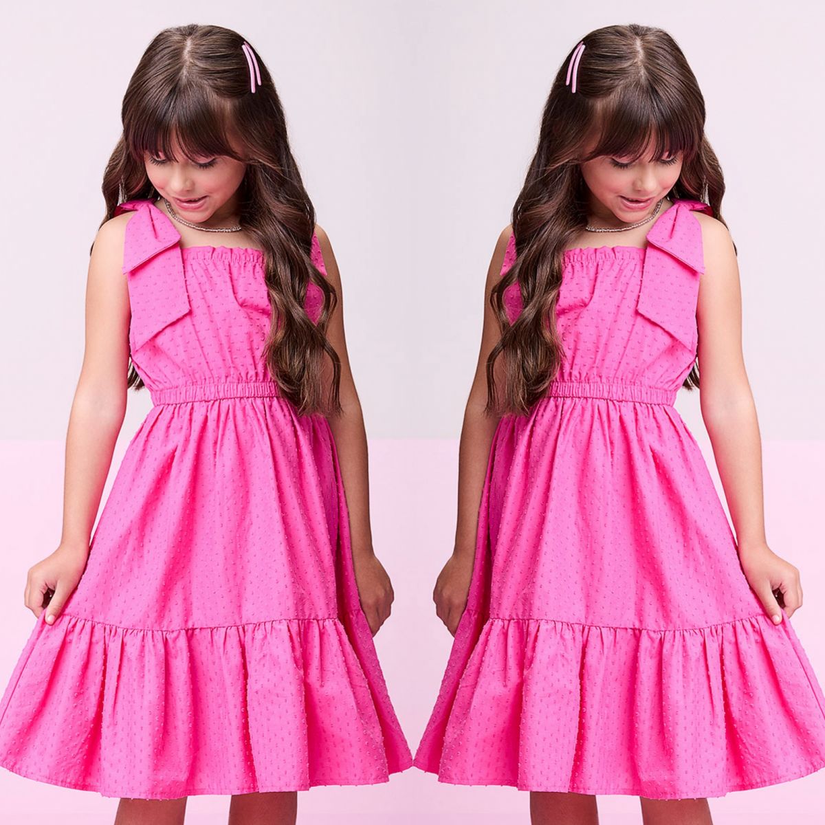 Vestido Infantil Momi Rosa Neon Laise Manga Alcinha com Laço