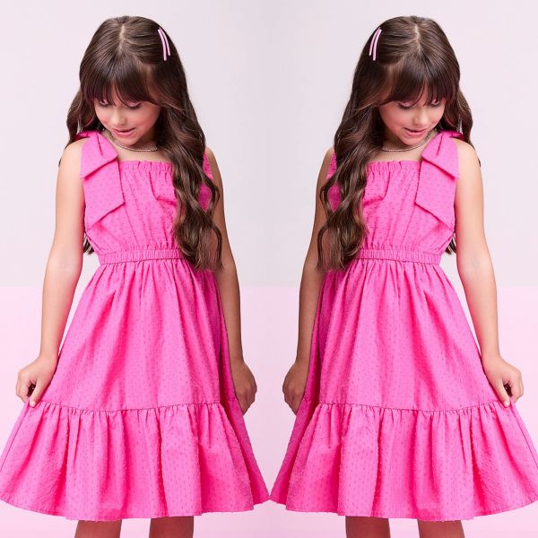 Vestido Infantil Momi Rosa Neon Laise Manga Alcinha com Laço