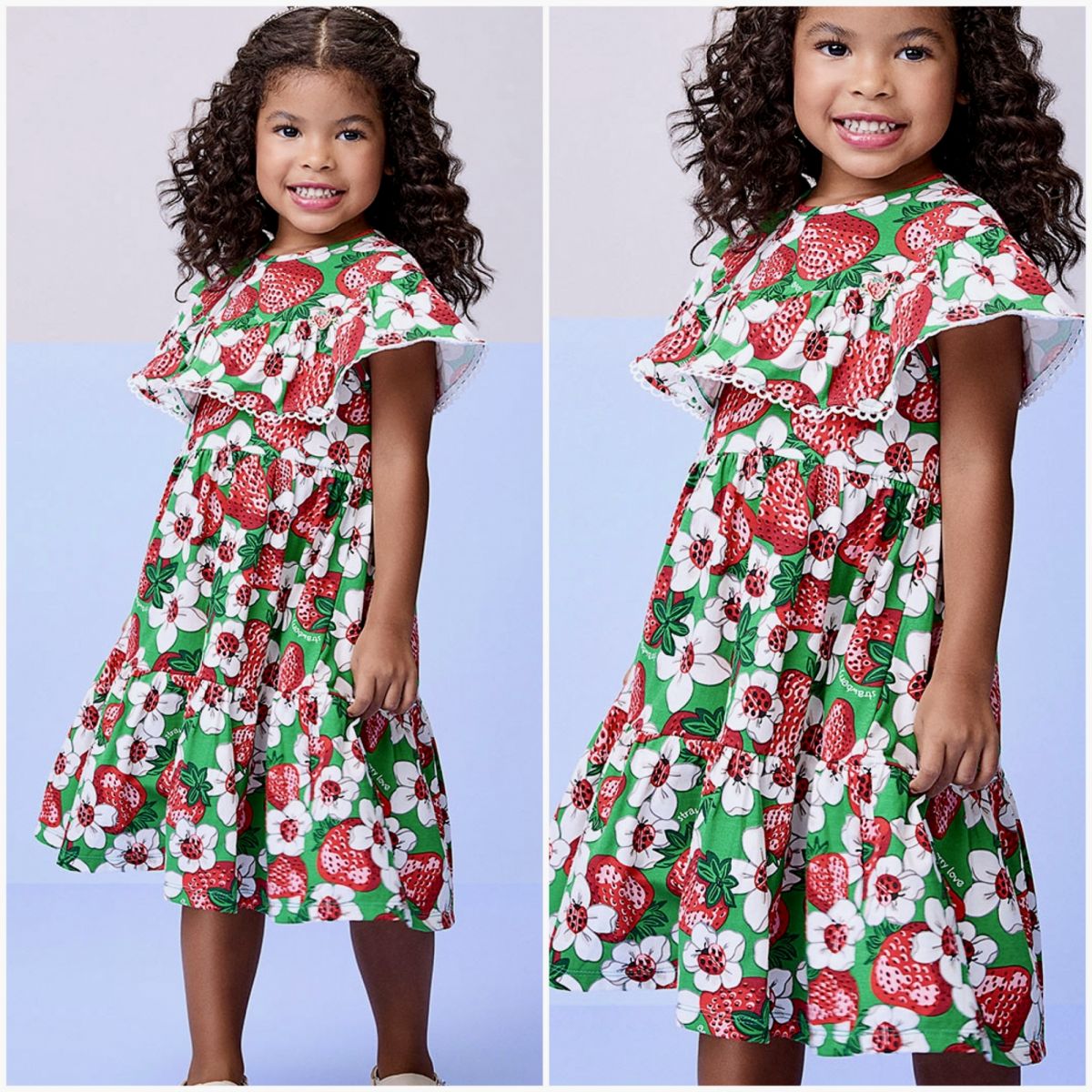 Vestido Infantil Momi Verde Estampa Flores Morangos e Joaninhas Babado 