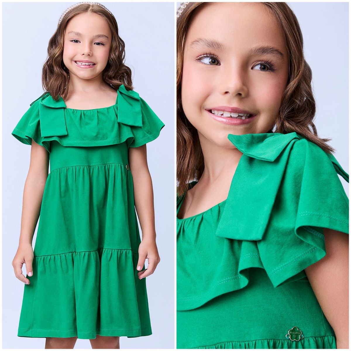 Vestido Infantil Momi Verde Kentucky Liso Amarração Ombros Babados