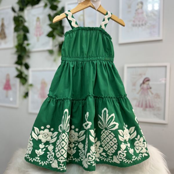 Vestido Infantil Momi Verde Liso Alça Fina Sianinha Off White Estampa Off White Floral Babados