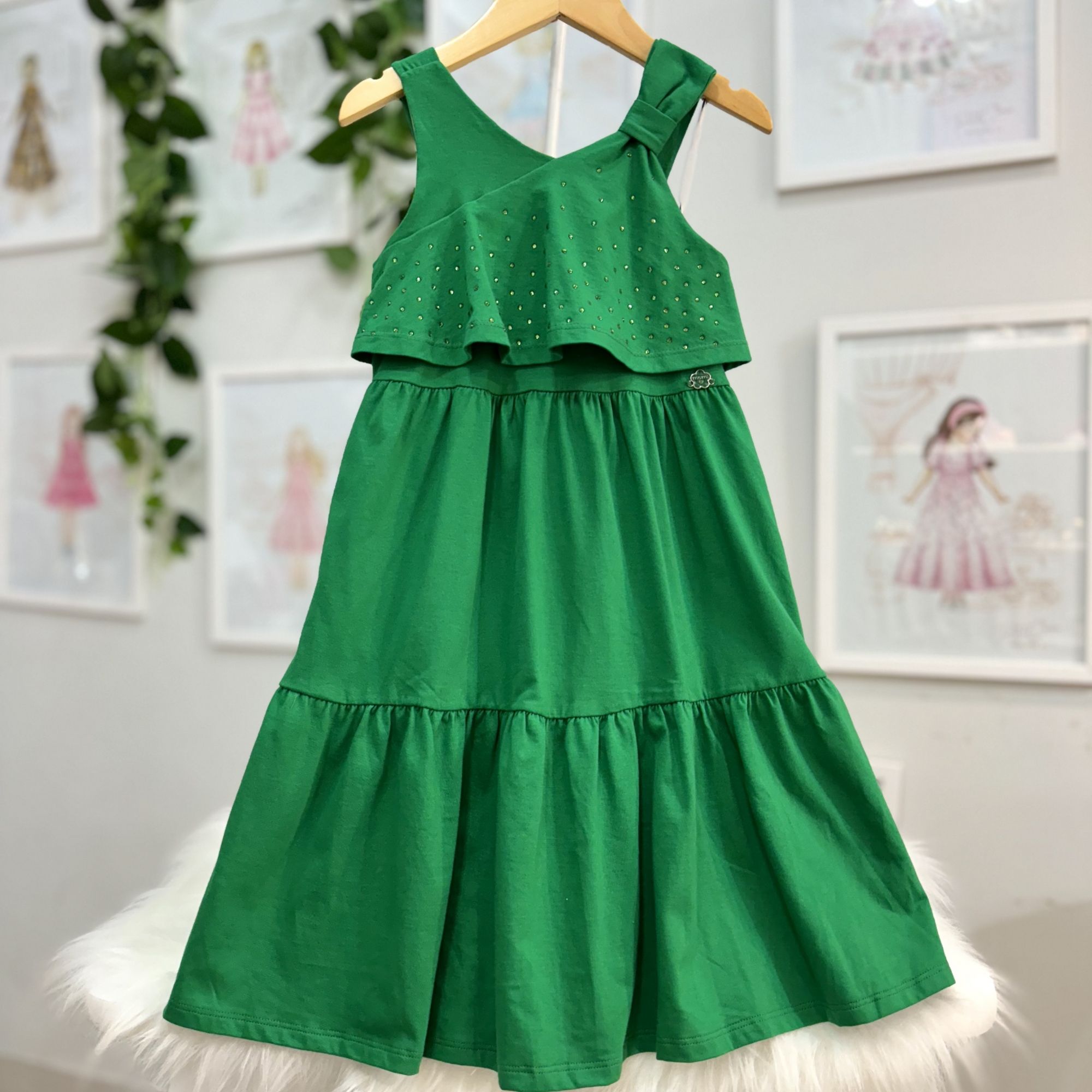 Vestido Infantil Momi Verde Liso Laço Ombro Strass Babados