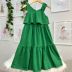 Vestido Infantil Momi Verde Liso Laço Ombro Strass Babados