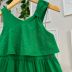 Vestido Infantil Momi Verde Liso Laço Ombro Strass Babados