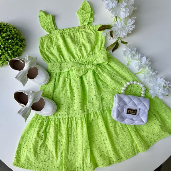 Vestido Infantil Momi Verde Neon Laise Alcinha e Faixa