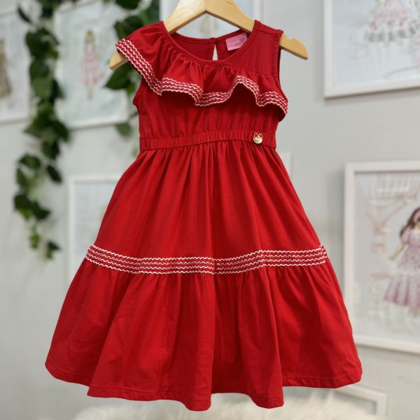 Vestido Infantil Momi Vermelho Bordado Maquinetado Babados