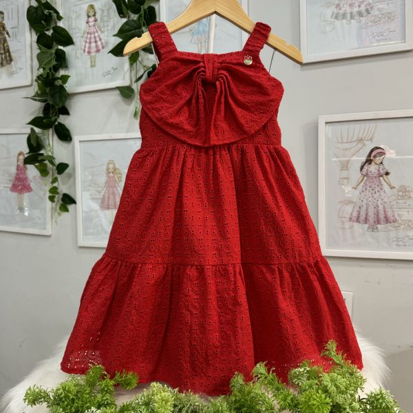 Vestido Infantil Momi Vermelho Laise Liso Alça Fina Laço Babados