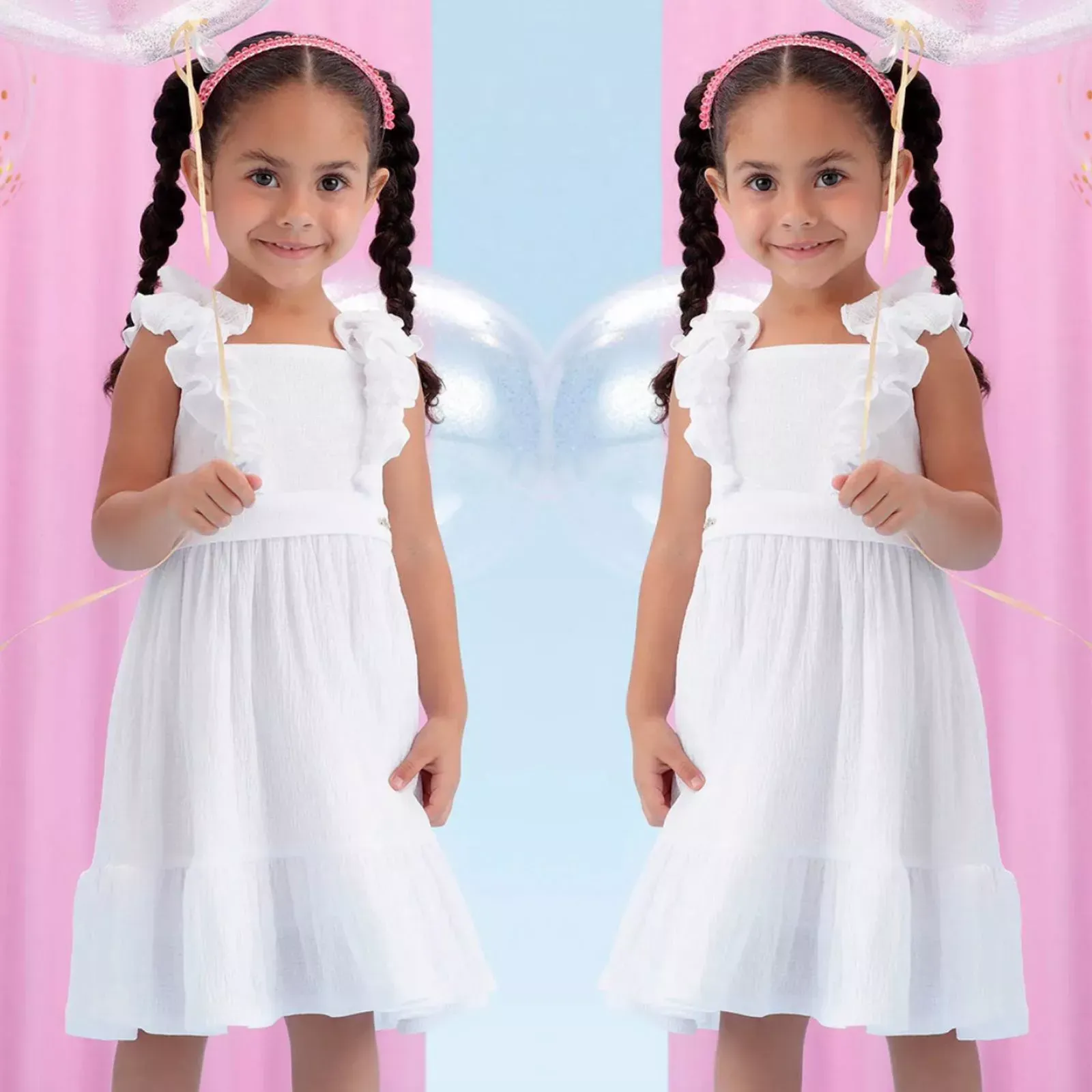 Vestido Infantil Mon Sucré Branco Celebrar com Alças e Babado