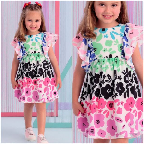 Vestido Infantil Mon Sucré Branco Floral Colorido com Babados na Manga