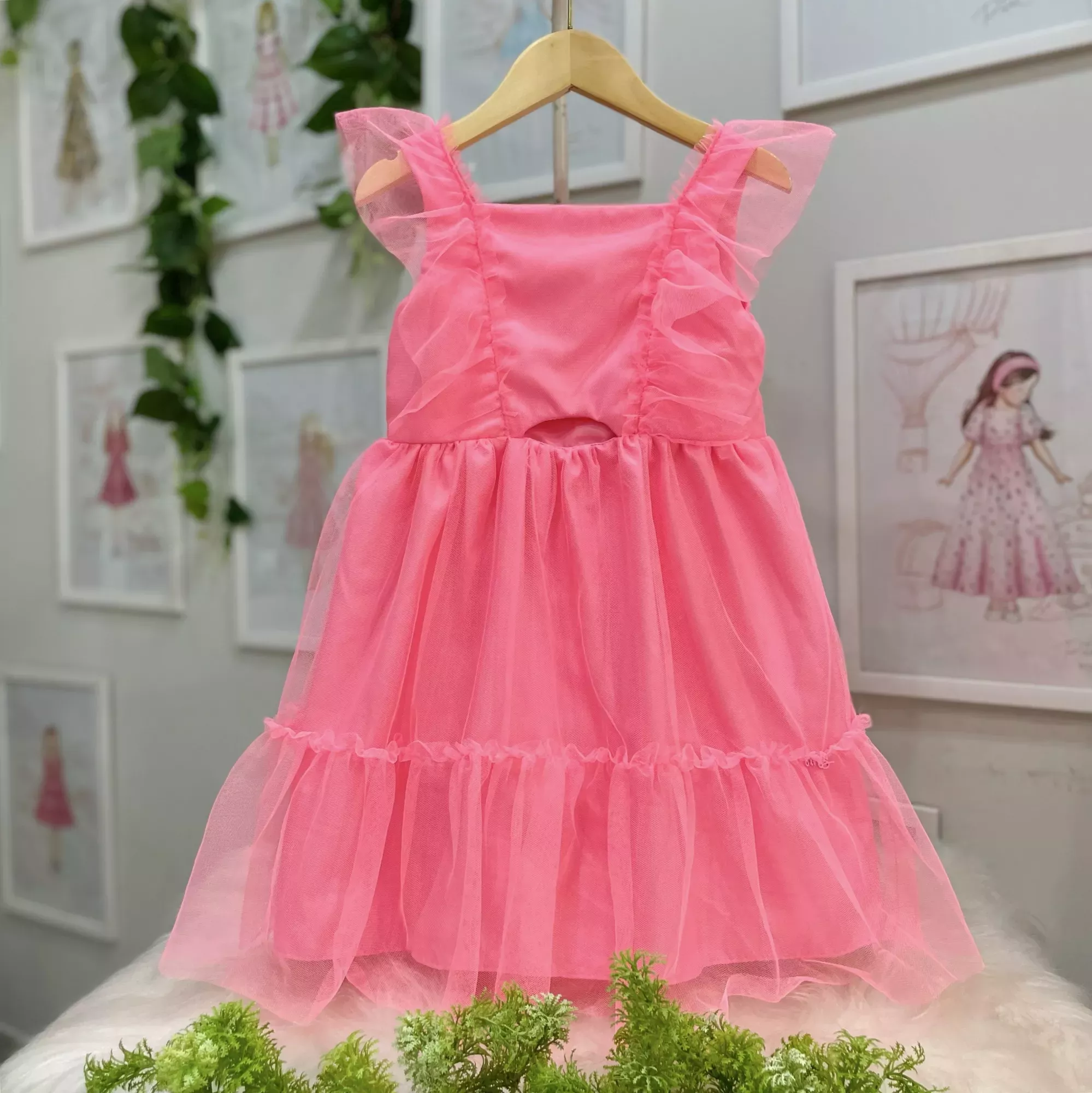 Vestido Infantil Mon Sucré Rosa Neon Tule Manga Babado Recorte Cintura