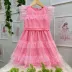 Vestido Infantil Mon Sucré Rosa Tule com Camadas Manga Fru Fru Cinto Tule