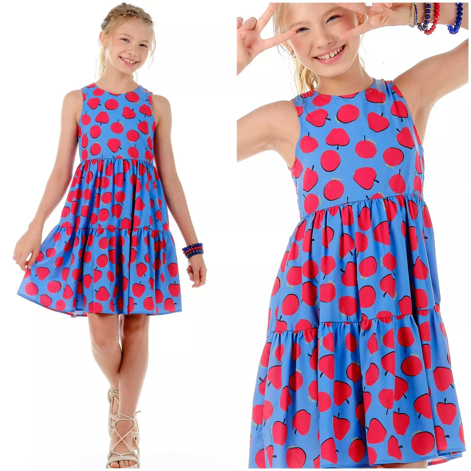 Vestido Infantil Mylu Azul com Maças Vermelhas