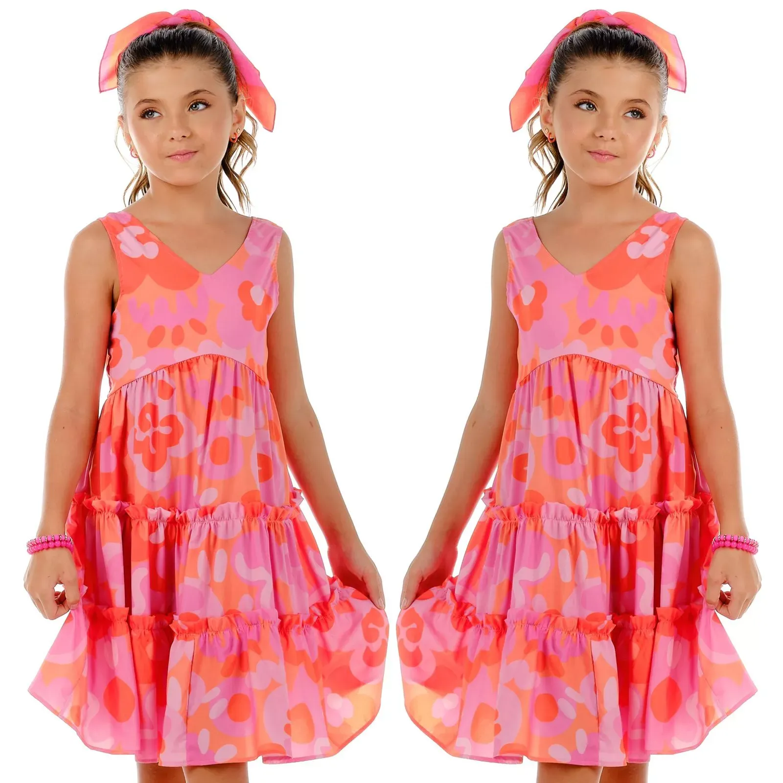 Vestido Infantil Mylu Rosa com Laranja e Flores