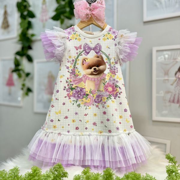 Vestido Infantil Petit Cherie Off White Lilás Manga Tule Floral Cachorrinha Laço Babados Strass