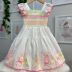 Vestido Infantil Petit Cherie Off White Manga Frufru Bordado Colorido Neon Ursinhos Amarração Costas