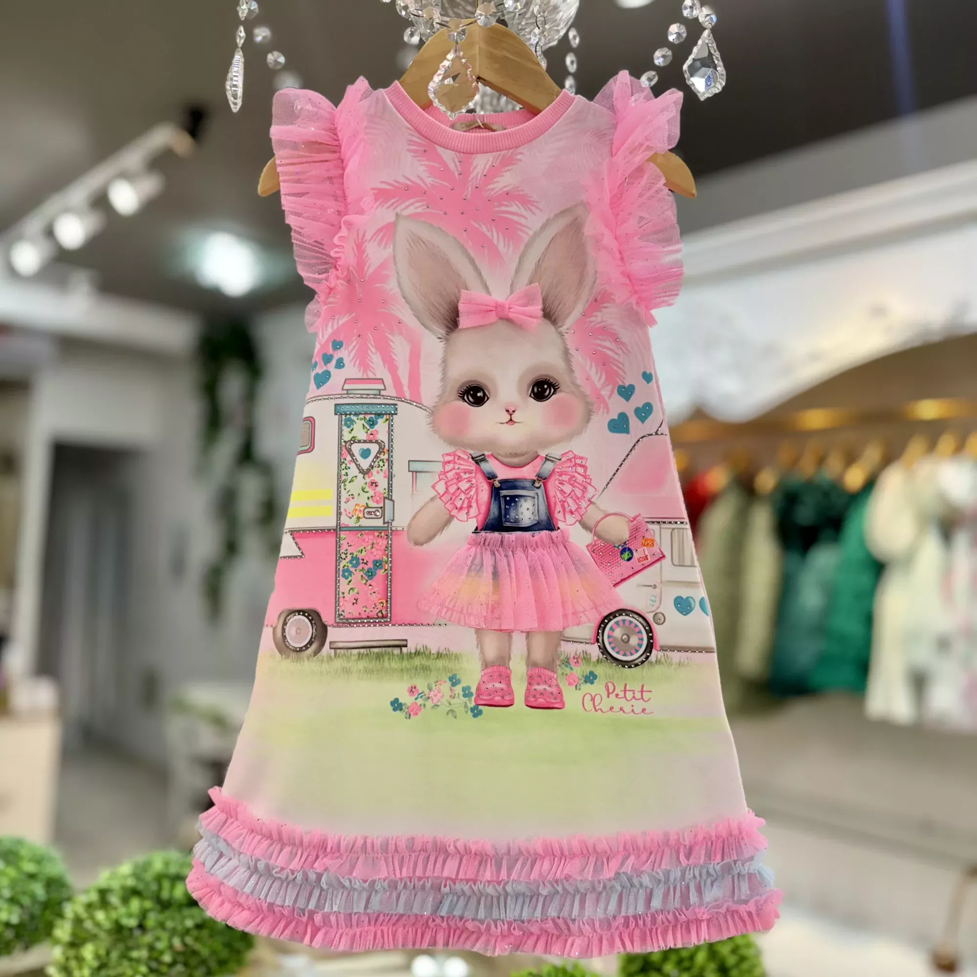 Vestido Infantil Petit Cherie Pink Manga Frufru Tule Brilho Pink Azul Strass Coelhinha