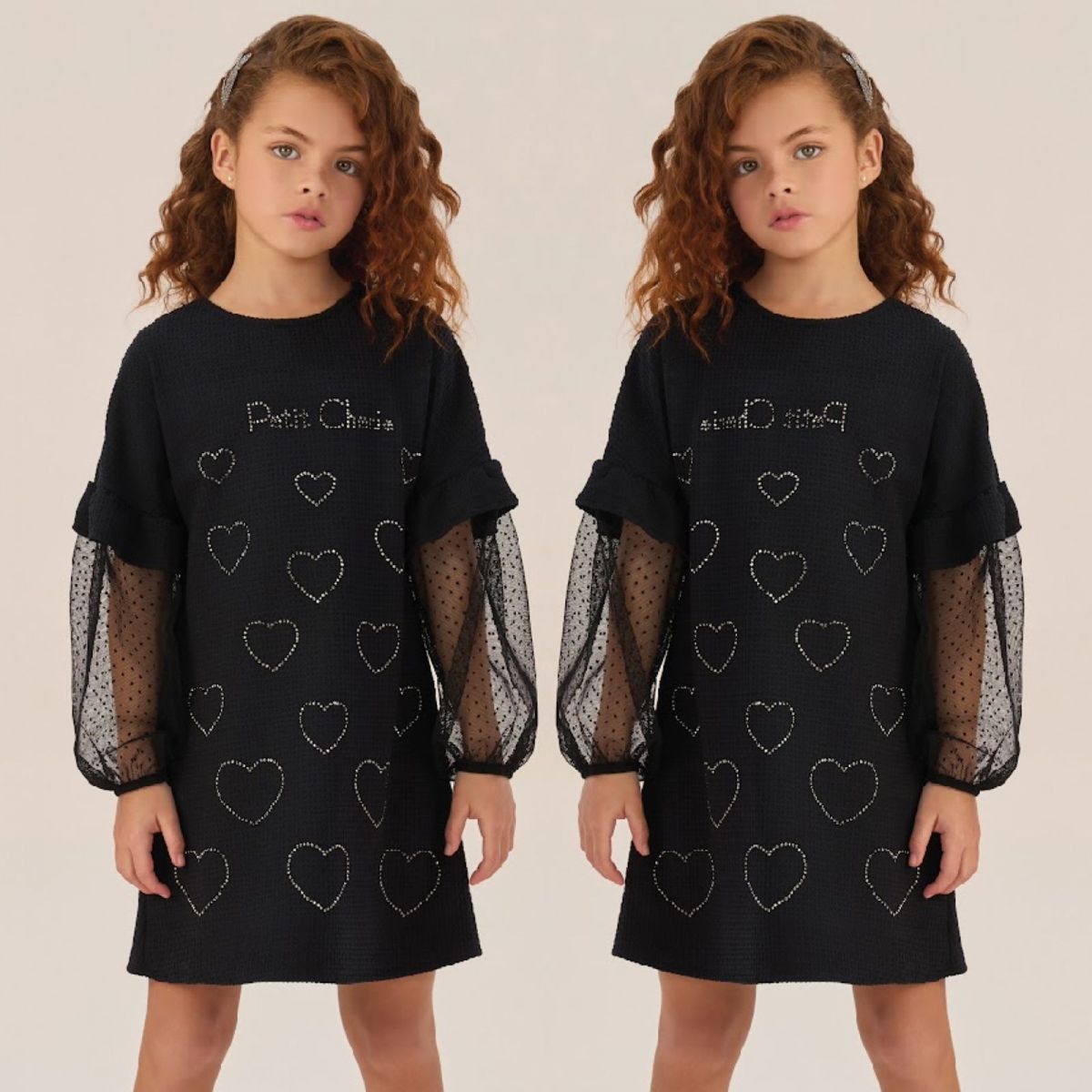 Vestido Infantil Petit Cherie Preto Tricot Corações Strass Manga POA