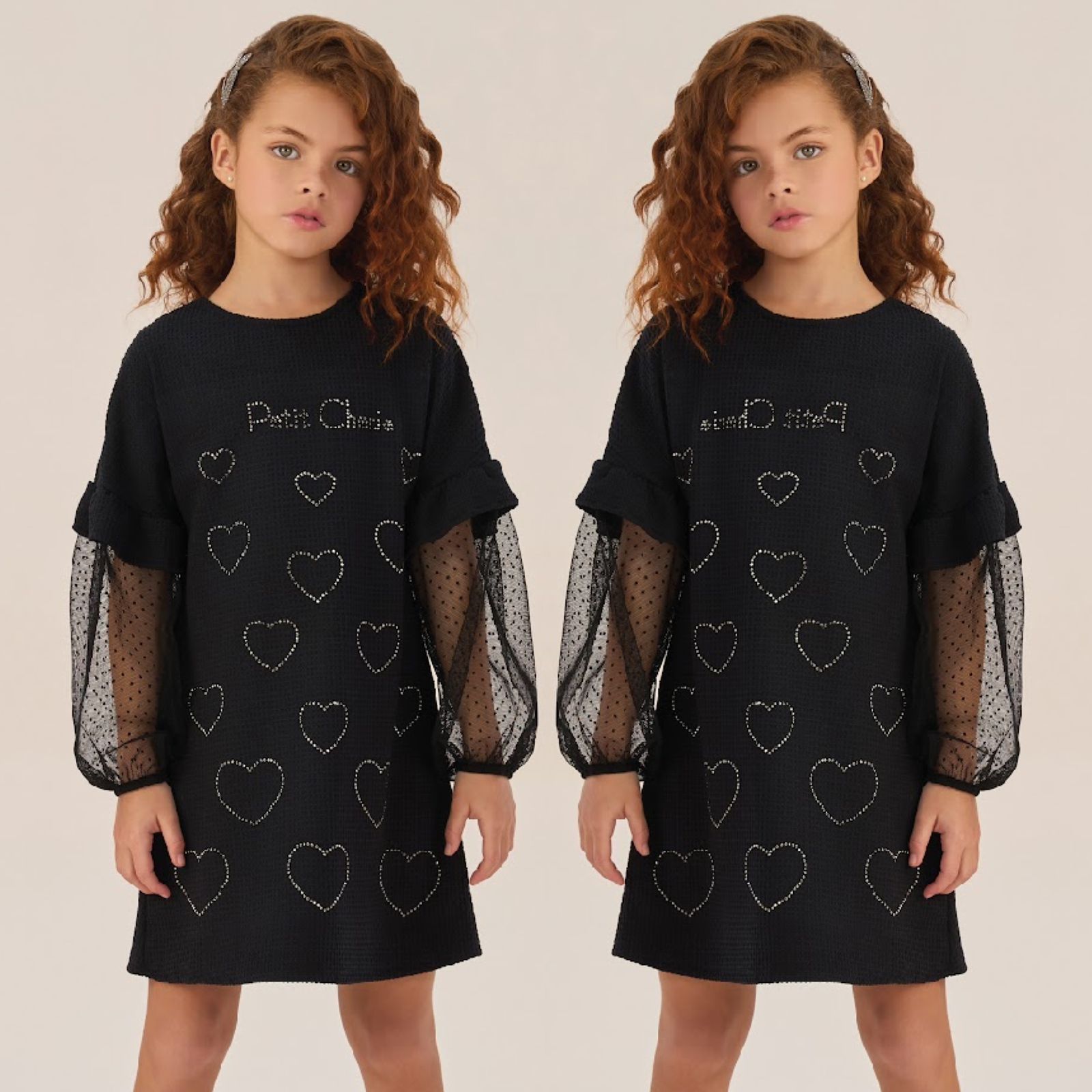 Vestido Infantil Petit Cherie Preto Tricot Corações Strass Manga POA