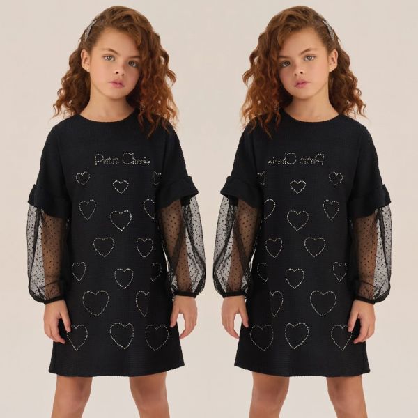 Vestido Infantil Petit Cherie Preto Tricot Corações Strass Manga POA