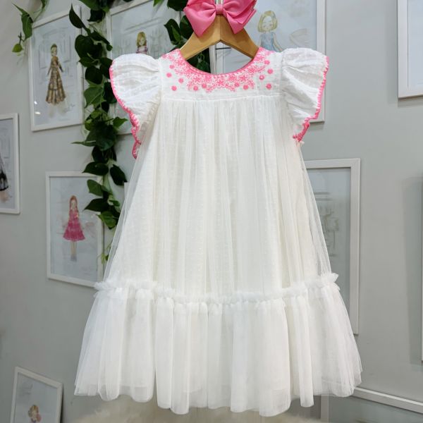 Vestido Infantil Petit Cherrie Off White Tule Bordados Pink Com paetês Babados