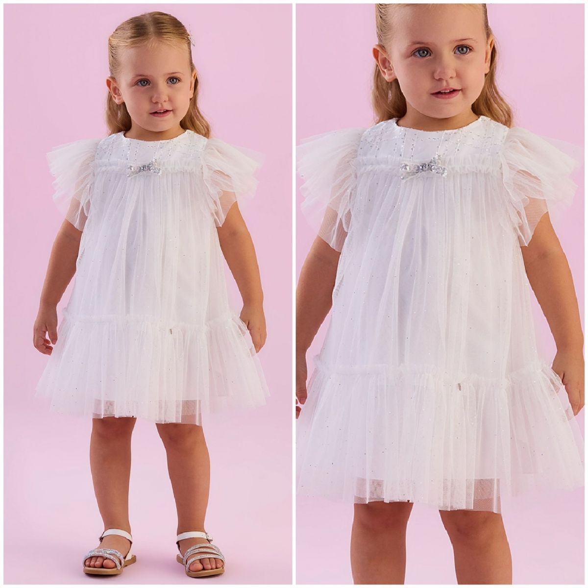 Vestido Infantil Petit Cherrie Off White Tule Com Babados e Paetê Holográficos Com Laço Prata