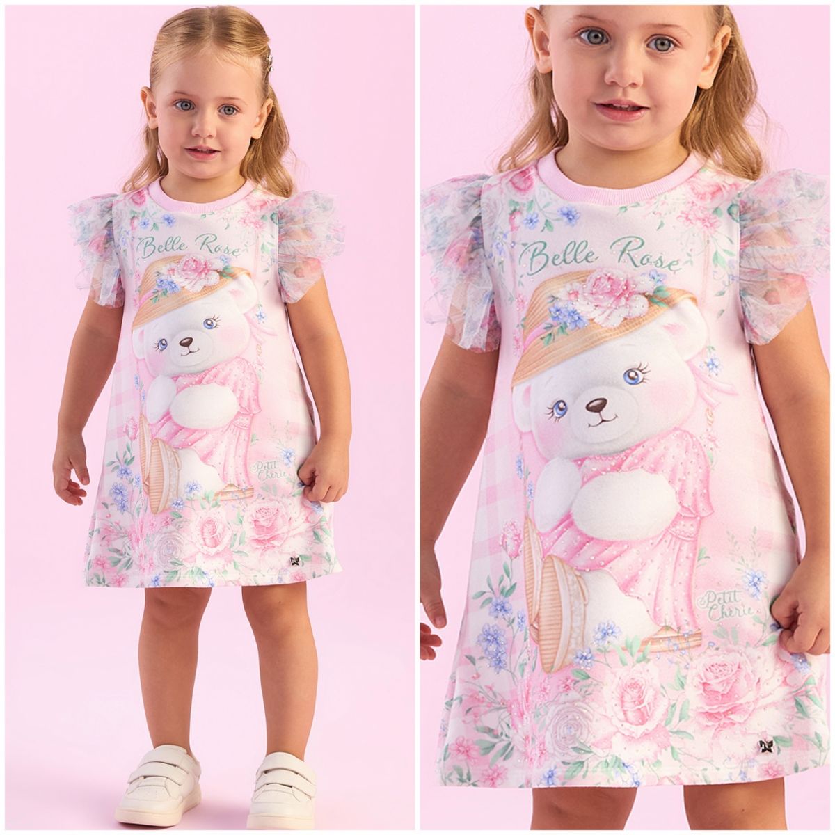 Vestido Infantil Petit Cherrie Rosa Puce/ Off White Floral Xadrez Ombros Tule Strass Urso