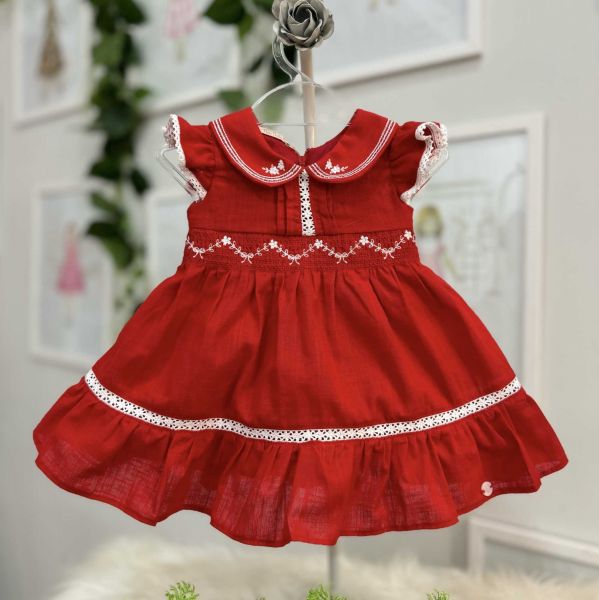 Vestido Infantil Petit Cherie Vermelho/Branco Bordados Babados