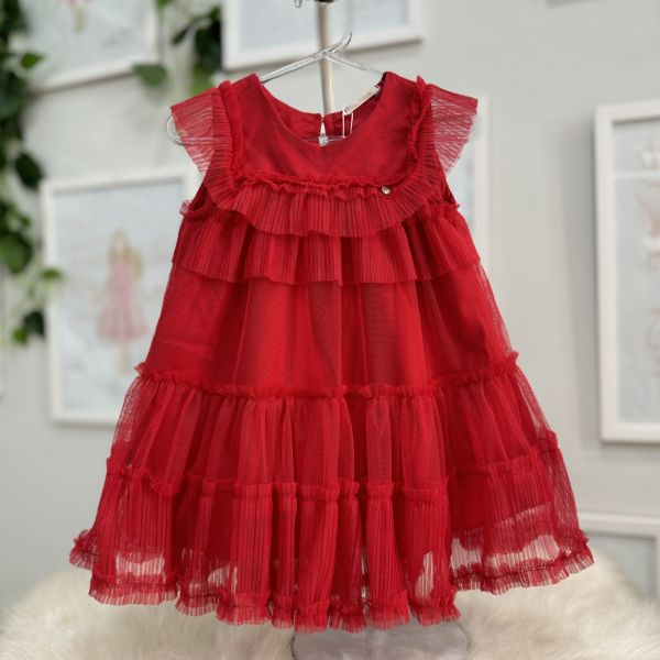 Vestido Infantil Petit Cherrie Vermelho Liso Em Tule Com Babados