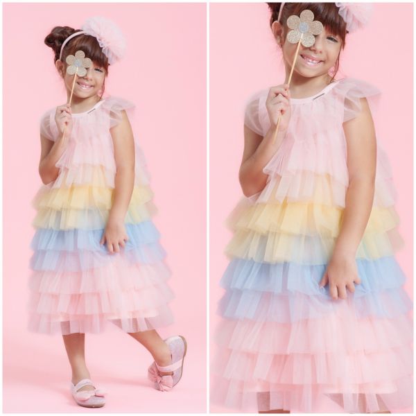 Vestido Infantil Pituchinhus Rosa Sobrep.Tule Multicolorido Azul Amarelo Babados