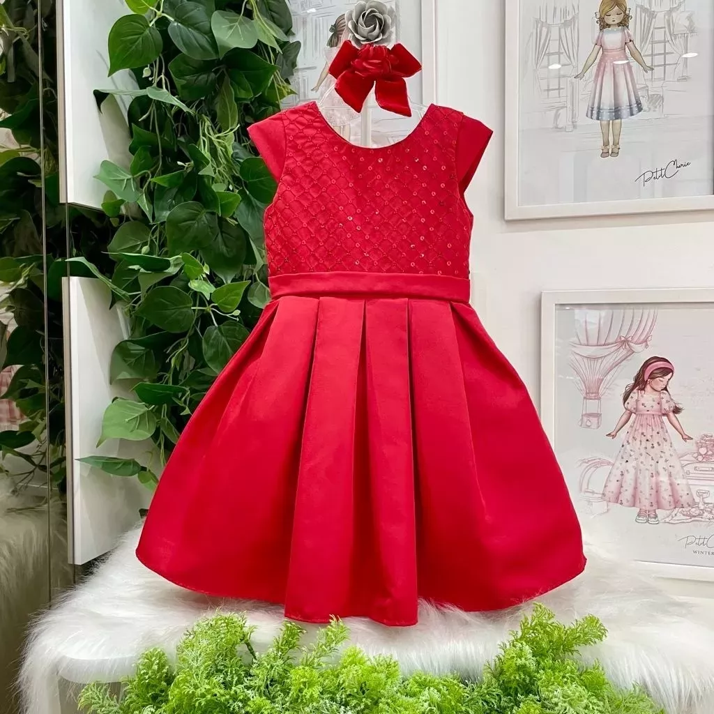 Vestido de Festa Infantil Rodado Vermelho Bordado em Paetê Modern Petit Cherie