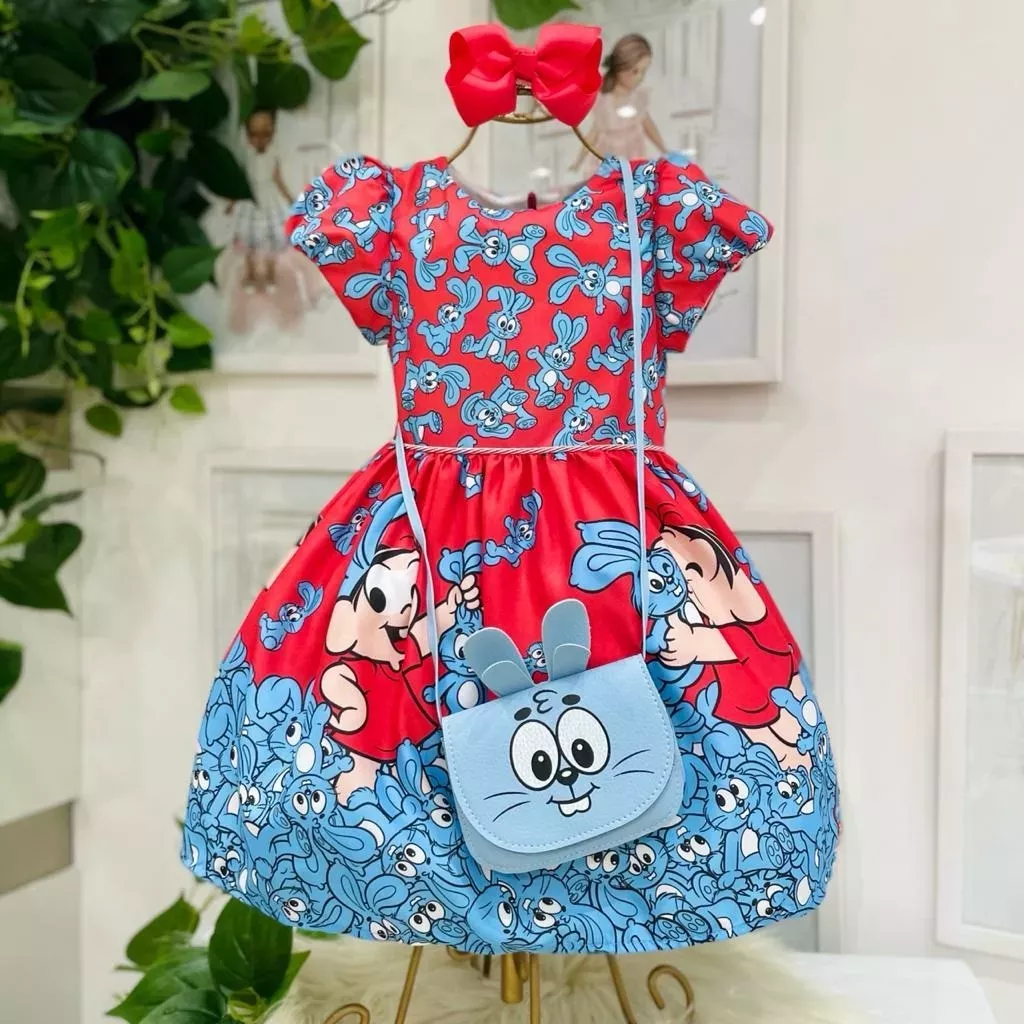 Vestido Infantil Rodado Vermelho Estampado Mônica e Sansão Happy Mon Sucré