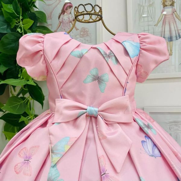 Vestido Infantil De Festa Rosa Com Estampa De Borboletas E Laço Kopela ...