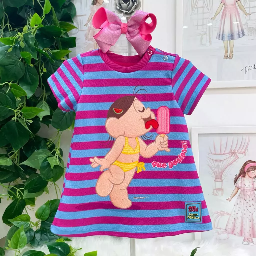 Vestido Infantil Roxo e Lilás Listras Estampado Magali Turma da Mônica Mon Sucré