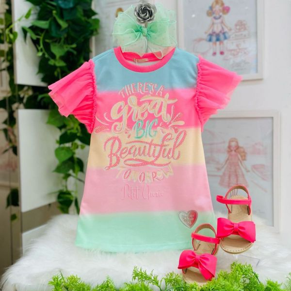 Vestido Infantil Trapézio Candy com Strass e Mangas Tule Pink Petit Cherie 