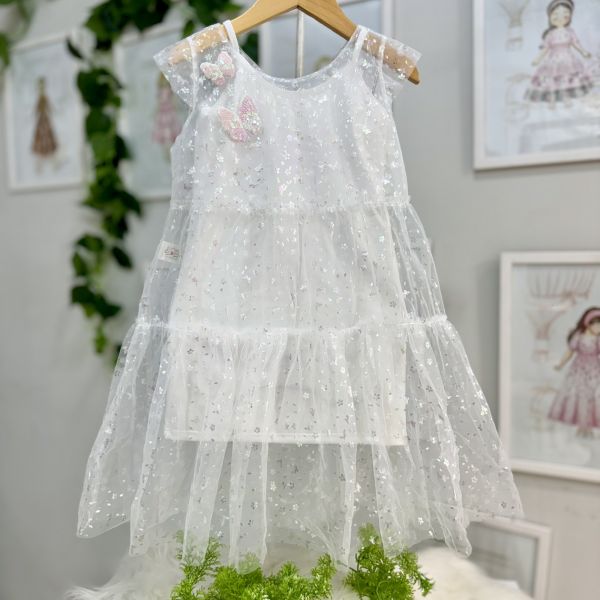 Vestido Infantil Yoyo Branco Holográfico Sobrep. Tule Floral Holográfico Borboletas Lantejoulas