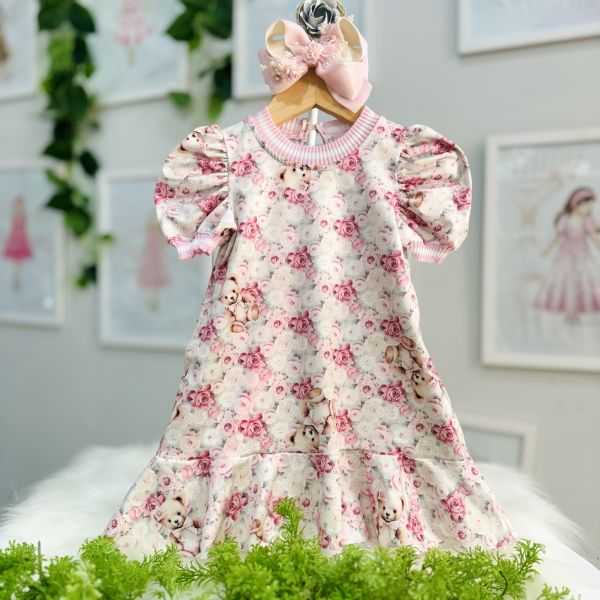 Vestido Infantil Yoyo Estamp. Floral Ursinhos Gola Rosa/Off White Manga Bufante Babado