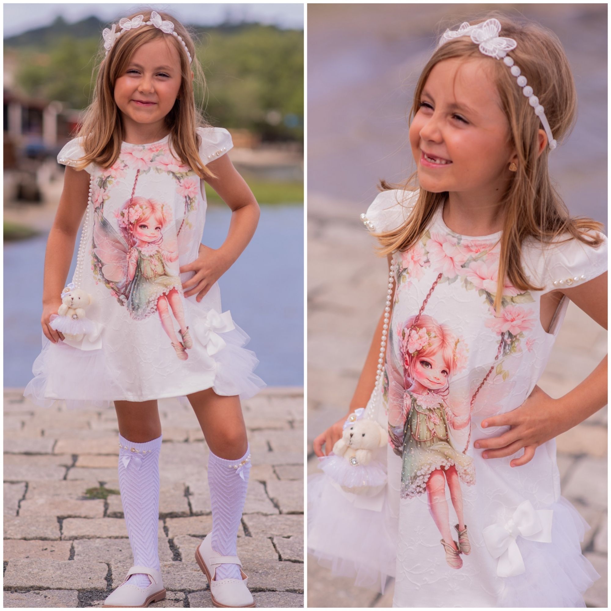 Vestido Infantil Yoyo Off White Fadinha Floral Ombros Tule Pérolas Strass Laço