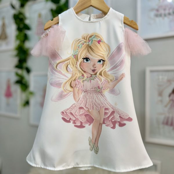 Vestido Infantil Yoyo Off White/Rosa Fadinha Strass