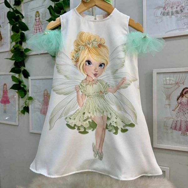 Vestido Infantil Yoyo Off White/Verde Fadinha Strass