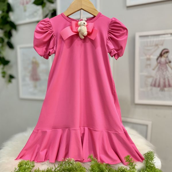 Vestido Infantil Yoyo Pink Aplic.Laço e Urso Broche Removível Manga Bufante Babados