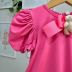 Vestido Infantil Yoyo Pink Aplic.Laço e Urso Broche Removível Manga Bufante Babados