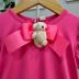 Vestido Infantil Yoyo Pink Aplic.Laço e Urso Broche Removível Manga Bufante Babados