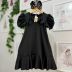 Vestido Infantil Yoyo Preto Liso Aplic.Laço e Urso Broche Removível Manga Bufante Babados