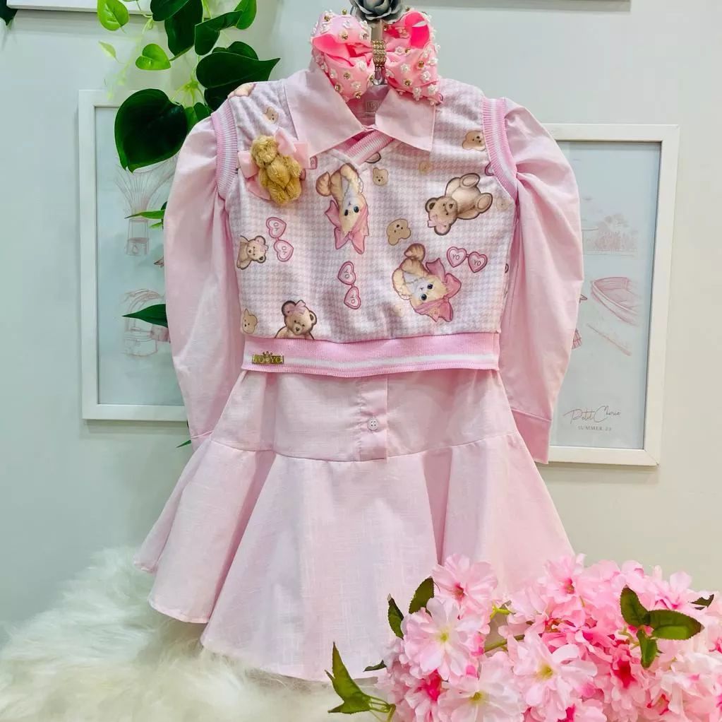 Vestido Infantil Yoyo Rosa Manga Longa Com Colete De Ursas Na EuroBabyKids