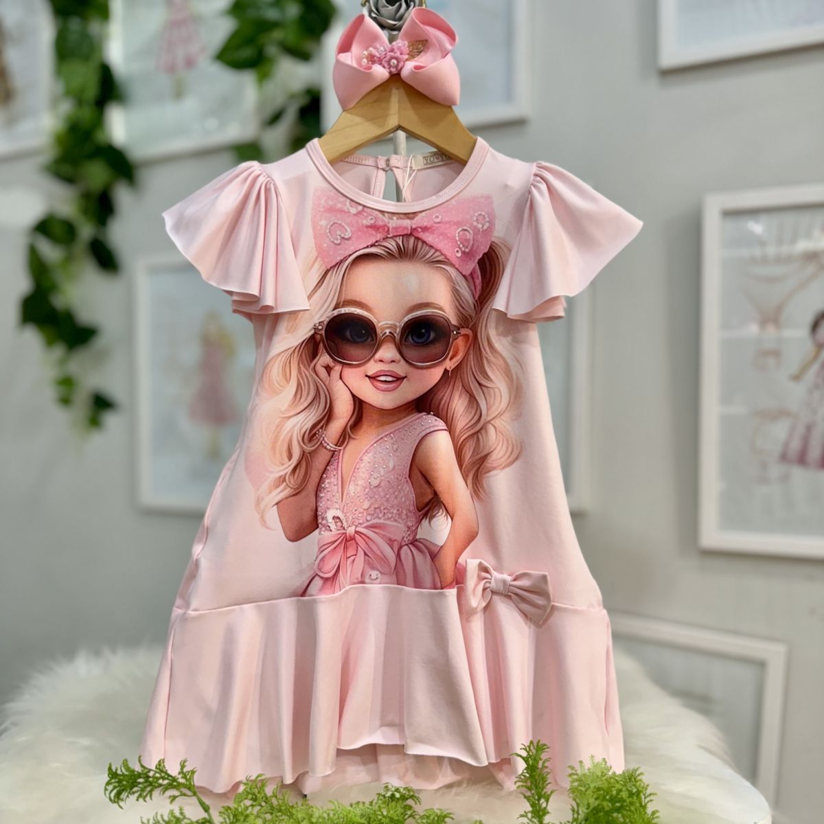 Vestido Infantil Yoyo Rosa Menina óculos Strass Laço