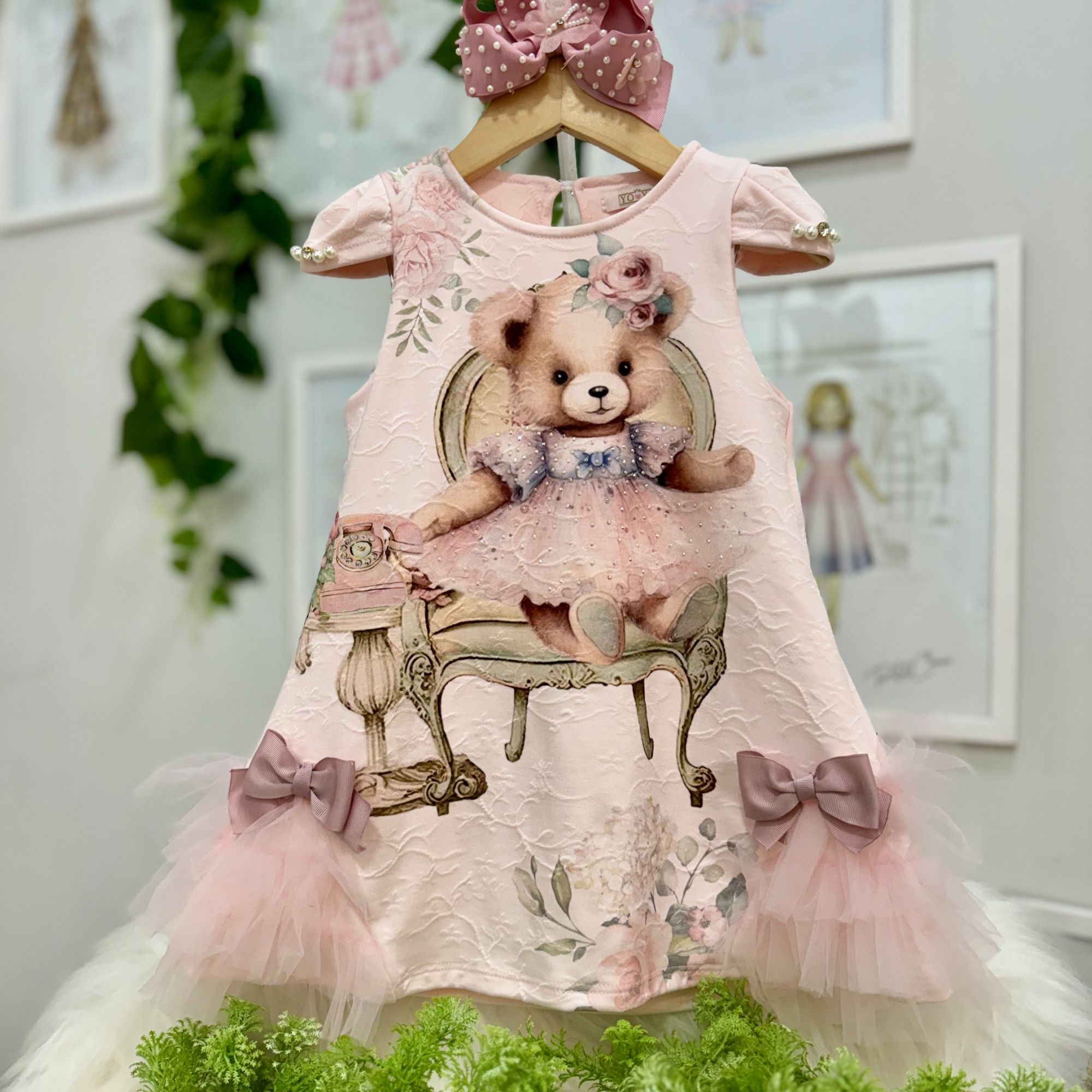 Vestido Infantil Yoyo Rosa Urso Manga Strass Pérolas Aplic.Tule Laço Rosê